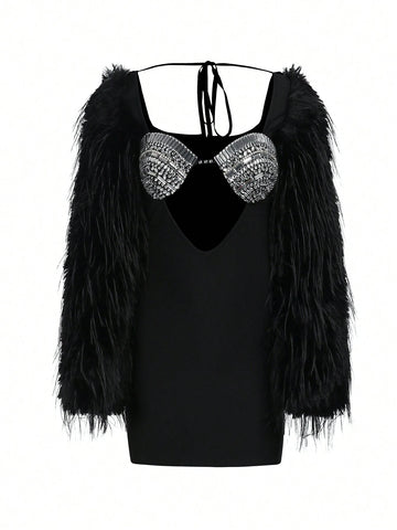 Long Sleeve Furry Bustier Bandage Dress With Handmade Chain For Sexy Party And Dance Club For Elegant Women