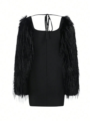 Long Sleeve Furry Bustier Bandage Dress With Handmade Chain For Sexy Party And Dance Club For Elegant Women