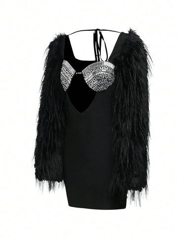 Long Sleeve Furry Bustier Bandage Dress With Handmade Chain For Sexy Party And Dance Club For Elegant Women