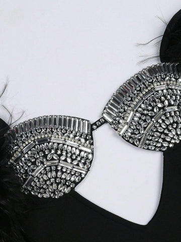 Long Sleeve Furry Bustier Bandage Dress With Handmade Chain For Sexy Party And Dance Club For Elegant Women