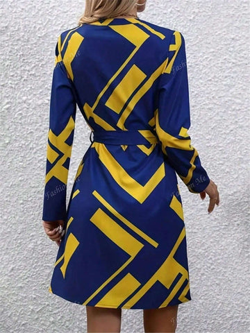 Long Sleeve Geometric Print Dress With Belt