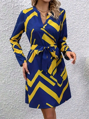 Long Sleeve Geometric Print Dress With Belt