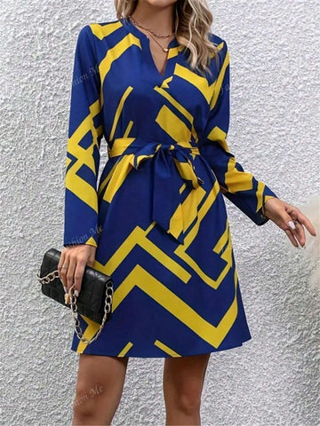 Long Sleeve Geometric Print Dress With Belt