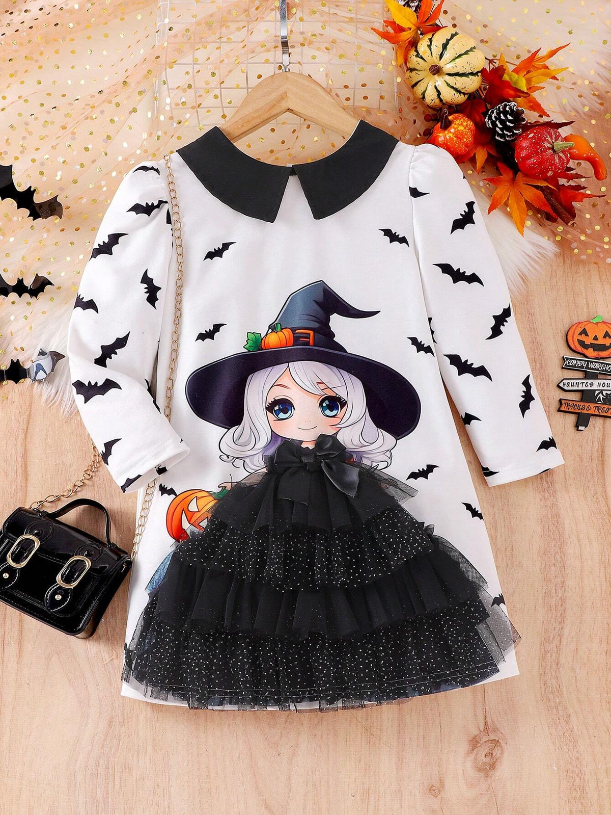Long Sleeve Girls Cartoon Print Mesh Patchwork Halloween Dress