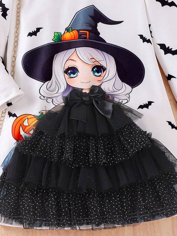 Long Sleeve Girls Cartoon Print Mesh Patchwork Halloween Dress