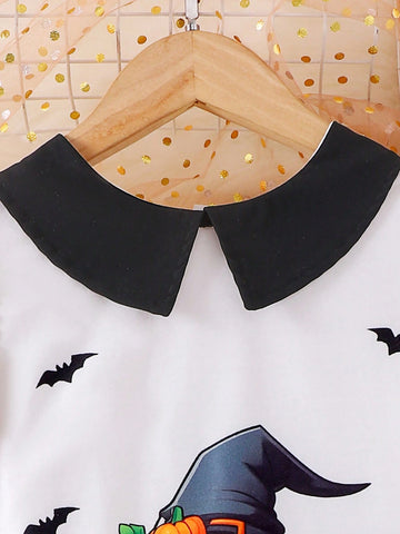 Long Sleeve Girls Cartoon Print Mesh Patchwork Halloween Dress