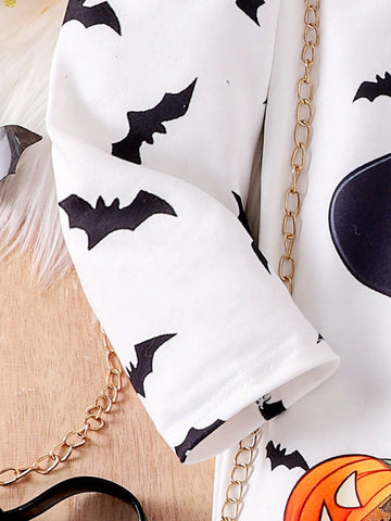 Long Sleeve Girls Cartoon Print Mesh Patchwork Halloween Dress