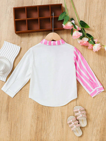 Long Sleeve Girls Cute Kitten Printed Colorblock Striped Fashion Blouse