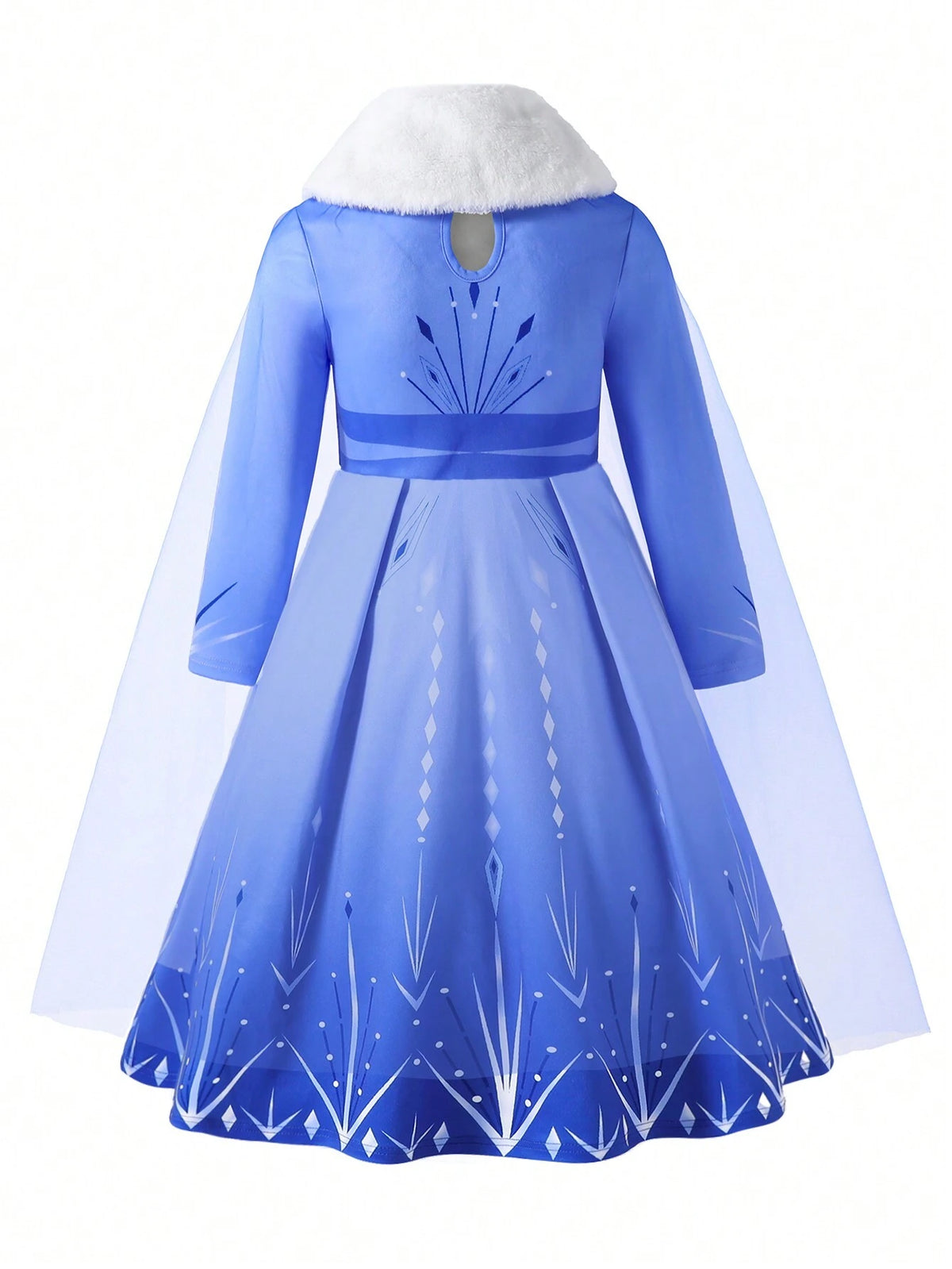 Long Sleeve IP Young Girl Blue Snowflake Print Knit Splice Blue Mesh Dress