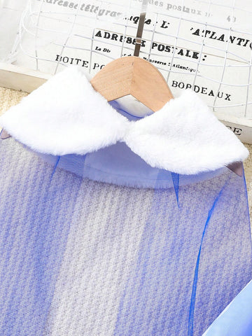 Long Sleeve IP Young Girl Blue Snowflake Print Knit Splice Blue Mesh Dress