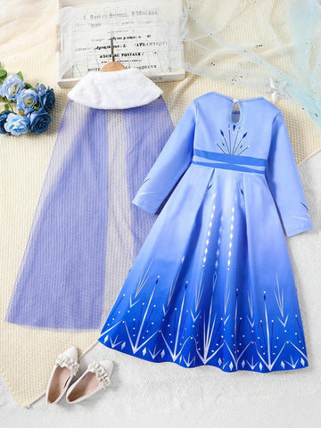 Long Sleeve IP Young Girl Blue Snowflake Print Knit Splice Blue Mesh Dress