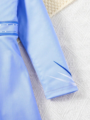 Long Sleeve IP Young Girl Blue Snowflake Print Knit Splice Blue Mesh Dress