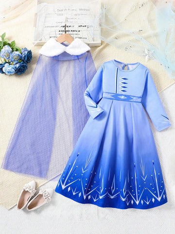 Long Sleeve IP Young Girl Blue Snowflake Print Knit Splice Blue Mesh Dress