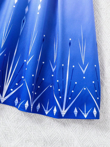 Long Sleeve IP Young Girl Blue Snowflake Print Knit Splice Blue Mesh Dress