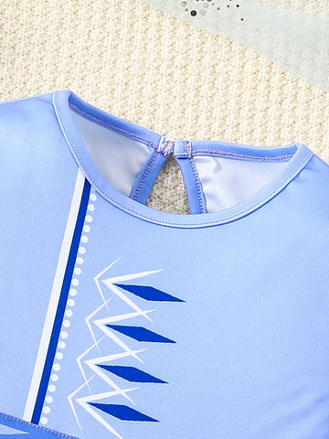 Long Sleeve IP Young Girl Blue Snowflake Print Knit Splice Blue Mesh Dress