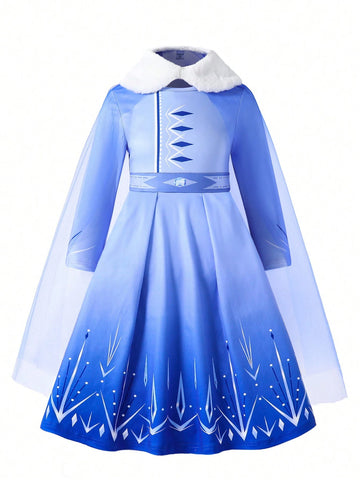 Long Sleeve IP Young Girl Blue Snowflake Print Knit Splice Blue Mesh Dress