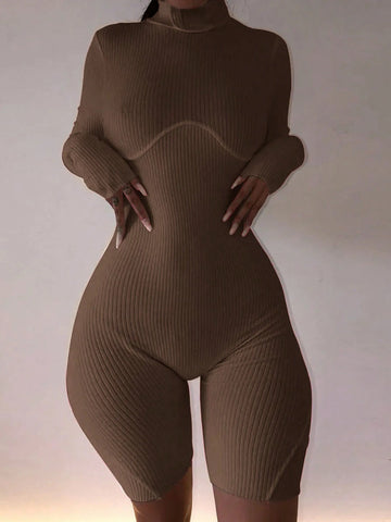 Long Sleeve Knit Women Playsuit Casual High Neck Sport Jumpsuit With Short Pant