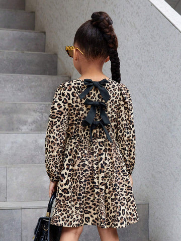 Long Sleeve Leopard Print Dress With Bow Decor On Back, Suitable For Young Girls' Casual Daily Wear In Autumn/Winter