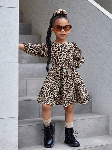 Long Sleeve Leopard Print Dress With Bow Decor On Back, Suitable For Young Girls' Casual Daily Wear In Autumn/Winter