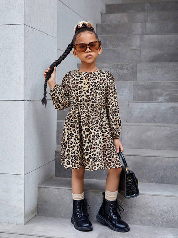 Long Sleeve Leopard Print Dress With Bow Decor On Back, Suitable For Young Girls' Casual Daily Wear In Autumn/Winter