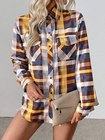 Long Sleeve Plaid Print Lapel Button Front Pocket Shirt