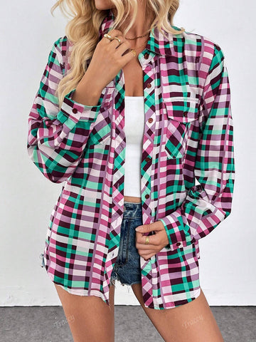 Long Sleeve Plaid Print Lapel Button Front Pocket Shirt
