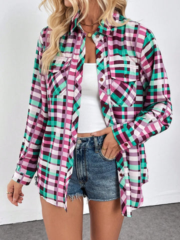 Long Sleeve Plaid Print Lapel Button Front Pocket Shirt