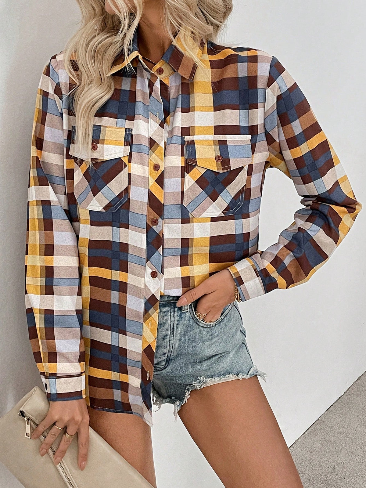 Long Sleeve Plaid Print Lapel Button Front Pocket Shirt