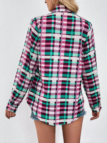Long Sleeve Plaid Print Lapel Button Front Pocket Shirt