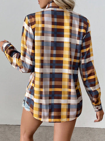 Long Sleeve Plaid Print Lapel Button Front Pocket Shirt