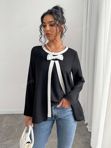 Long Sleeve Round Neck Colorblock Butterfly Accent Casual Blouse