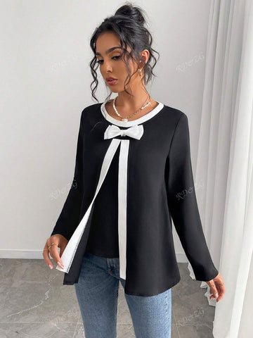 Long Sleeve Round Neck Colorblock Butterfly Accent Casual Blouse