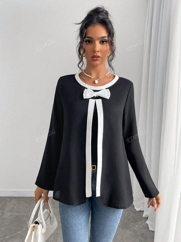 Long Sleeve Round Neck Colorblock Butterfly Accent Casual Blouse