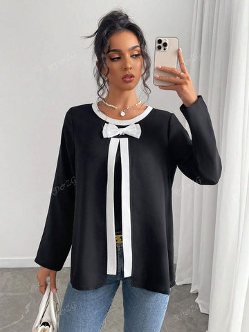 Long Sleeve Round Neck Colorblock Butterfly Accent Casual Blouse