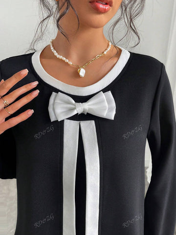 Long Sleeve Round Neck Colorblock Butterfly Accent Casual Blouse