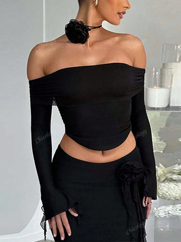 Long Sleeve Ruched Off Shoulder Crop Top Long Skirt Matching Set Mesh Patchwork 2 Pieces Set In Pink