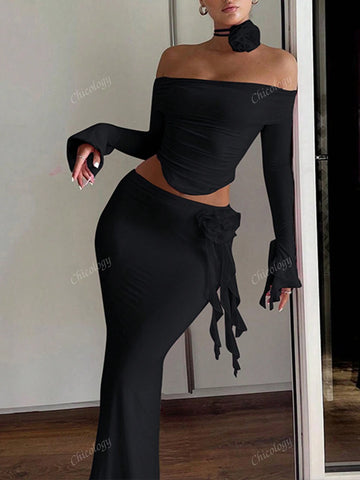 Long Sleeve Ruched Off Shoulder Crop Top Long Skirt Matching Set Mesh Patchwork 2 Pieces Set In Pink