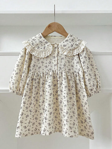 Long Sleeve Ruffle Collar Cute Girls Dress, Floral Print Princess Dress, Suitable For Spring And Autumn