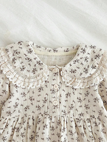 Long Sleeve Ruffle Collar Cute Girls Dress, Floral Print Princess Dress, Suitable For Spring And Autumn