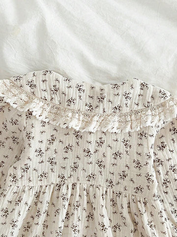 Long Sleeve Ruffle Collar Cute Girls Dress, Floral Print Princess Dress, Suitable For Spring And Autumn