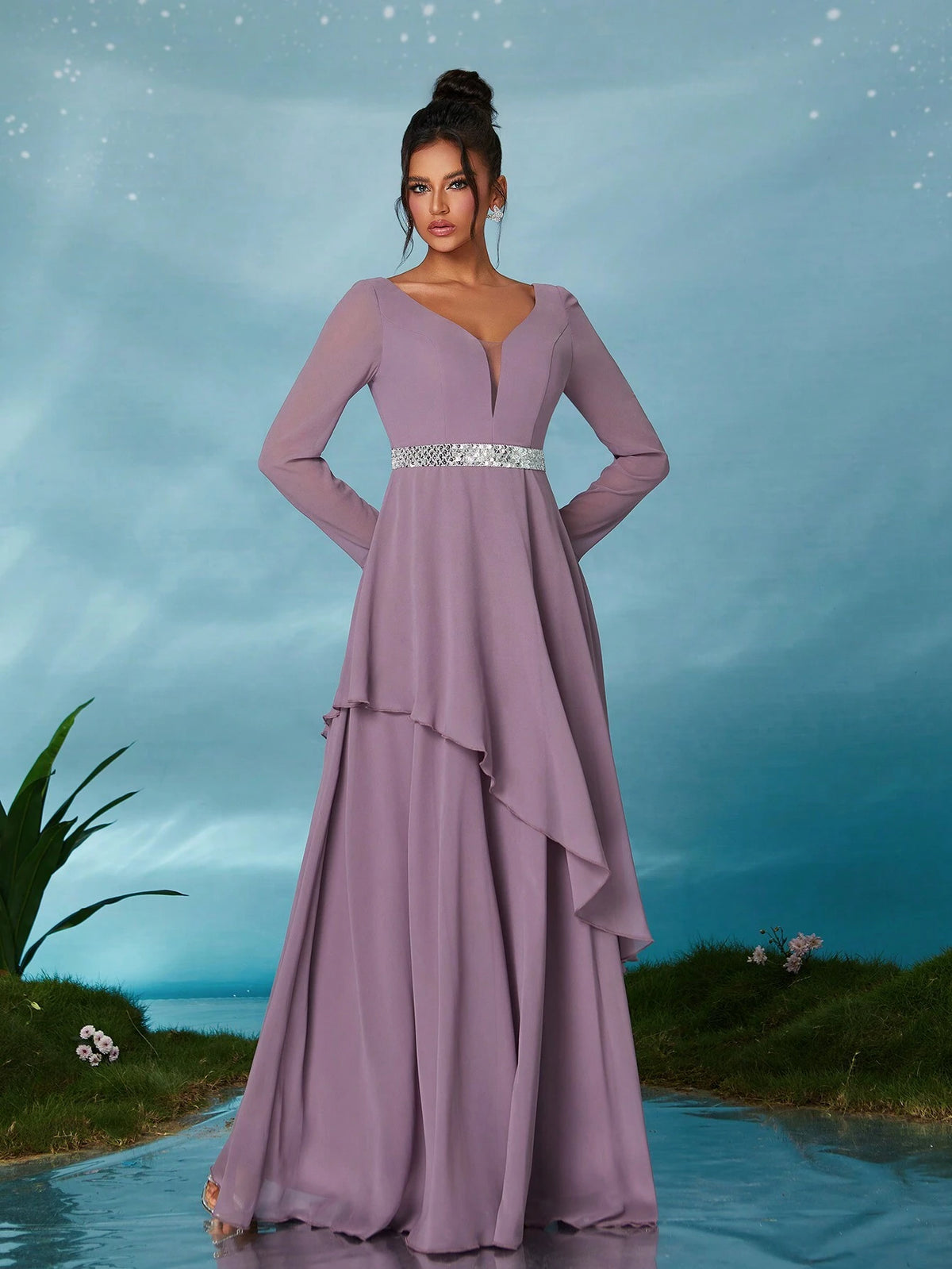 Long Sleeve Sequin Belt Double Layer Chiffon Asymmetric Hem Maxi Dress