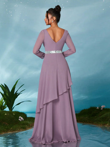 Long Sleeve Sequin Belt Double Layer Chiffon Asymmetric Hem Maxi Dress