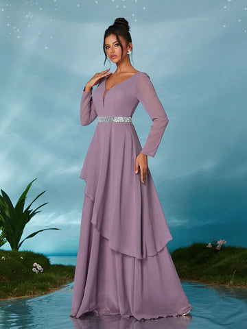 Long Sleeve Sequin Belt Double Layer Chiffon Asymmetric Hem Maxi Dress