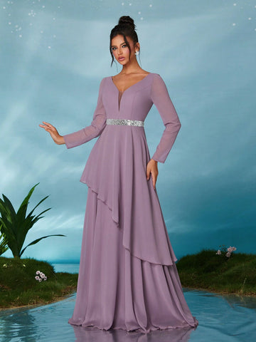 Long Sleeve Sequin Belt Double Layer Chiffon Asymmetric Hem Maxi Dress
