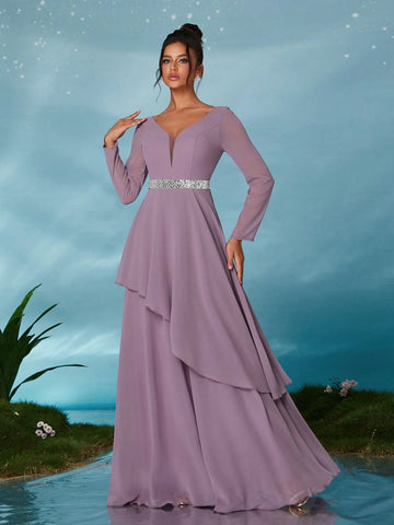 Long Sleeve Sequin Belt Double Layer Chiffon Asymmetric Hem Maxi Dress