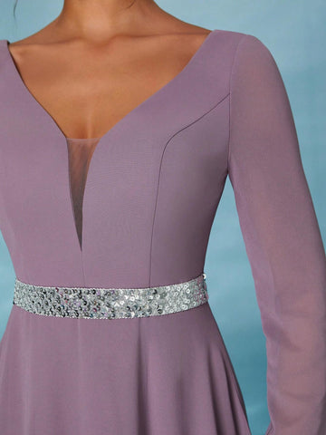 Long Sleeve Sequin Belt Double Layer Chiffon Asymmetric Hem Maxi Dress