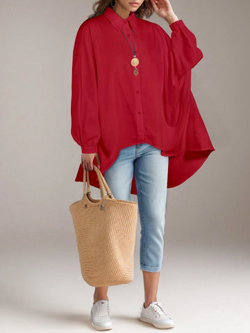 Long Sleeve Shirt Women Casual Autumn Winter White Batwing Sleeve Button Front Top