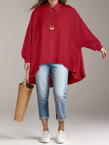 Long Sleeve Shirt Women Casual Autumn Winter White Batwing Sleeve Button Front Top