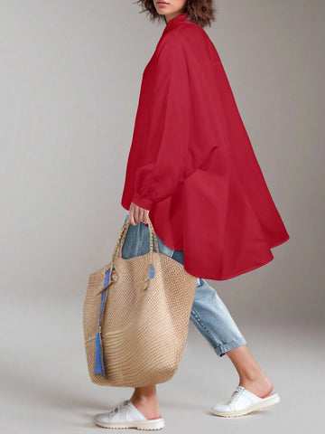 Long Sleeve Shirt Women Casual Autumn Winter White Batwing Sleeve Button Front Top