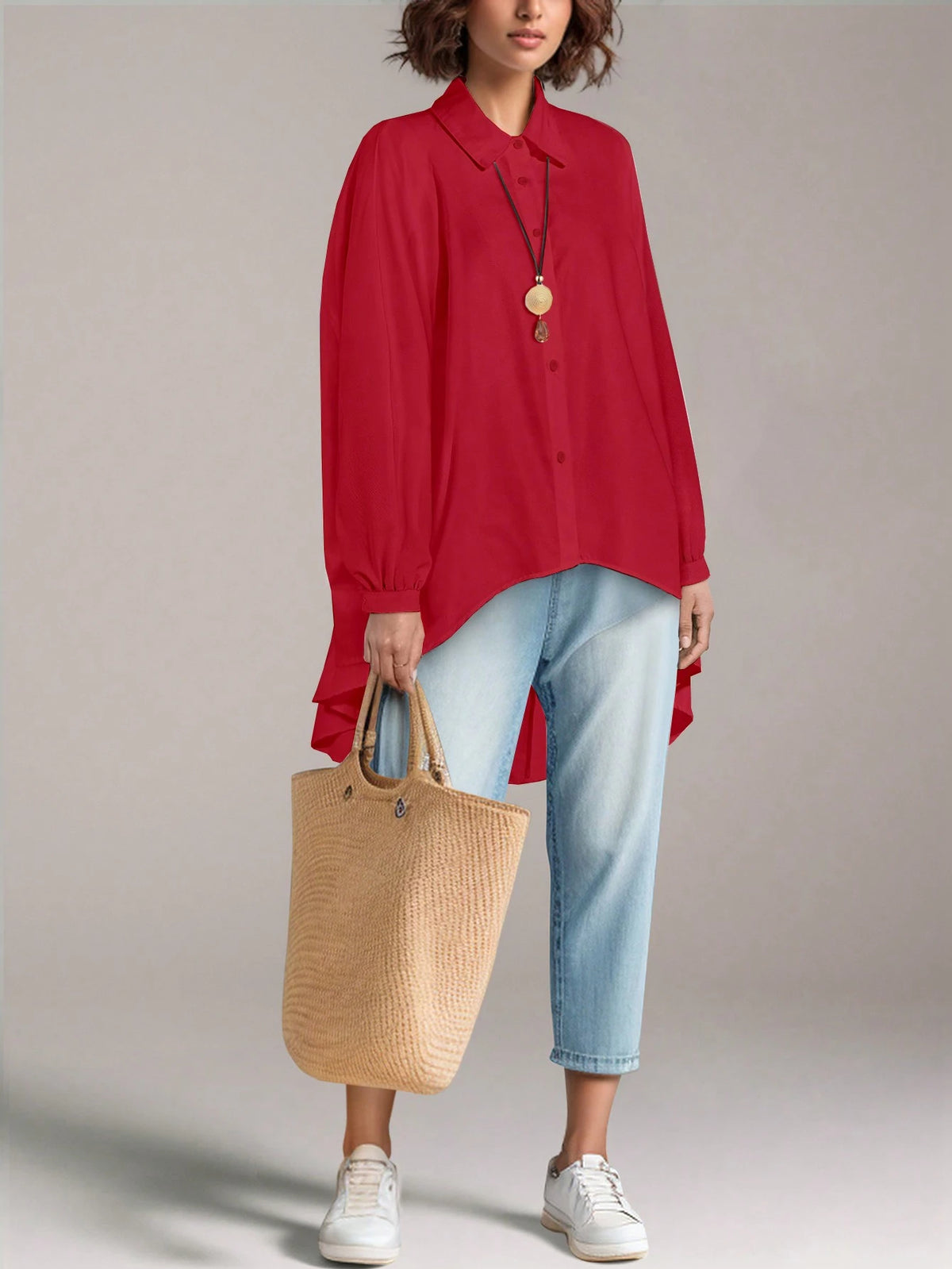 Long Sleeve Shirt Women Casual Autumn Winter White Batwing Sleeve Button Front Top